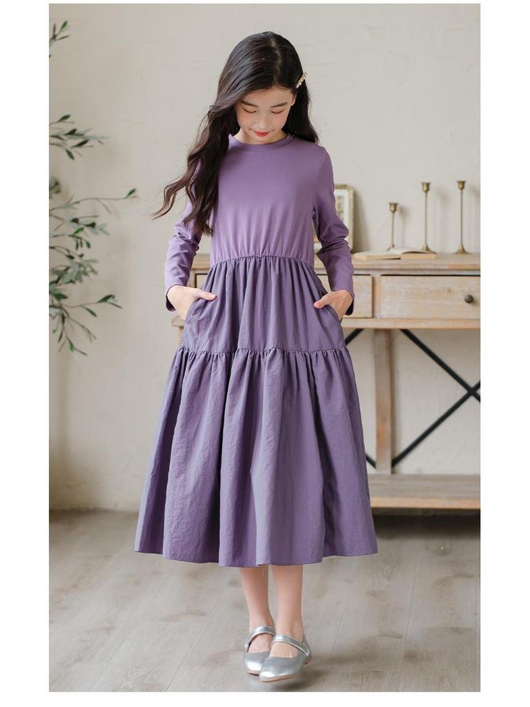 Girls' Spring 2025 Long Sleeve Mori Style Dress with Spliced Big Swing Skirt.