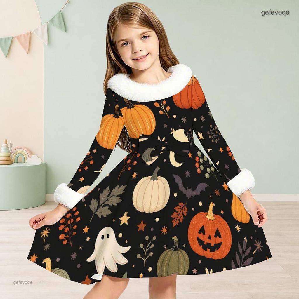 Girls High Neck Long Sleeve Furry Trim Printed Witch Frog Pattern A Line Flared Dress
