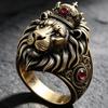 3D Stereo Crown Lion King Ring with Antique Ruby-Carved Lion Design - European American Hip Hop Jewelry.