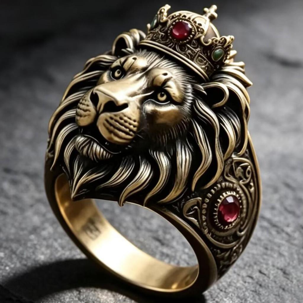 3D Stereo Crown Lion King Ring with Antique Ruby-Carved Lion Design - European American Hip Hop Jewelry.