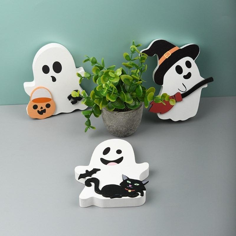 Set Of 3 Halloween Wood Specters Figures Ornament Table Signs for Tiered Tray and Shelf Decoration Desktop Adorment