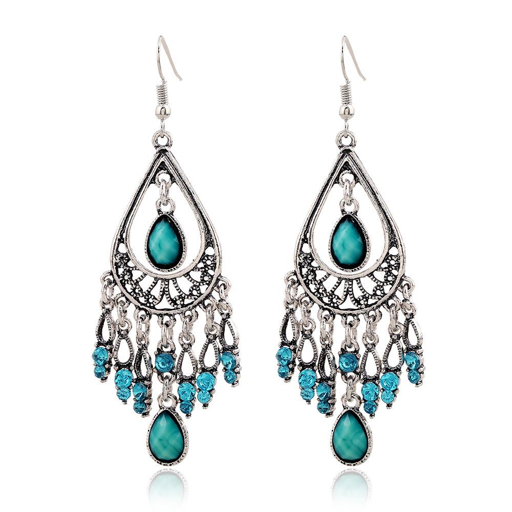 Bohemian Ethnic Style Antique Silver Color Alloy Hollow Acrylic Resin Gems Water Droplet Tassel Earrings Women Vacation Jewelry