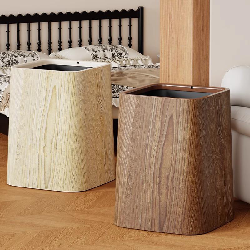 Wood Grain Trash Bin Vintage Creative Bedroom Kitchen New Chinese Style Hotel Large Bathroom Wastebasket