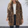 Höst Vinter Damrock Tjock plysch Leopardtryck Lapel Långärmad Vindtät Köldtät Medellånga fickor Cardigan Lady Lös överrock