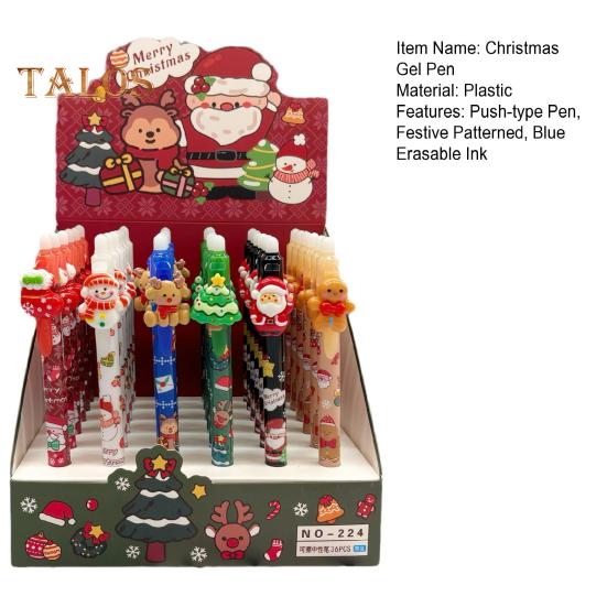 36 ks Vánoční gelová pera 0,5mm hrot Modrá smazatelná inkoustová pera Sváteční vzorovaná smazatelná stiskací pera pro školní kancelářské psací potřeby