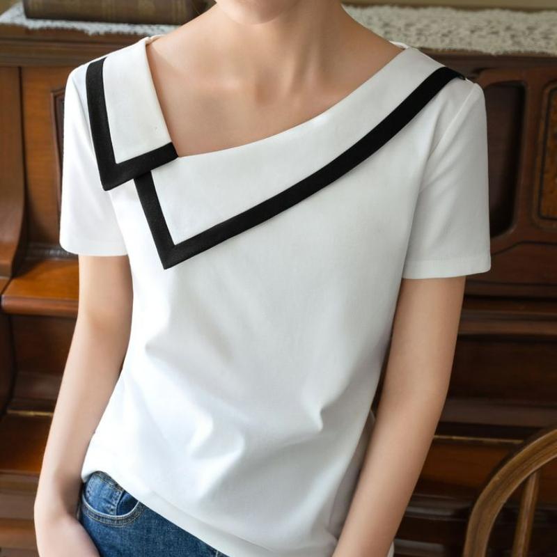 French Haute Couture Niche Design Black White Panelled Diagonal Neck Short Sleeved T-shirt Women's Patchwork Fashion Slim Top
