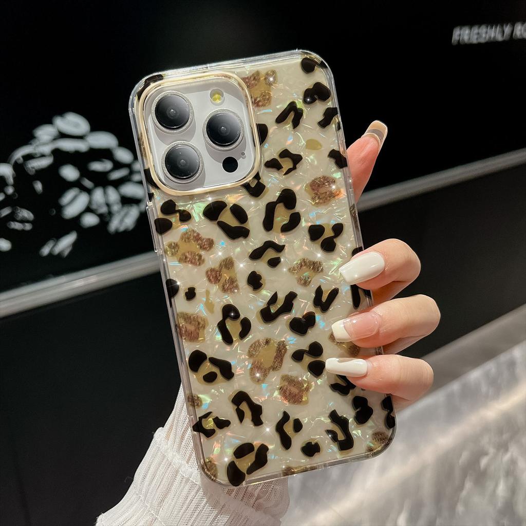 Electroplating Shell Pattern Suitable for IPhone16promax Leopard Print Mobile Phone Case Apple 14/15 Anti-fall Protection Case 16