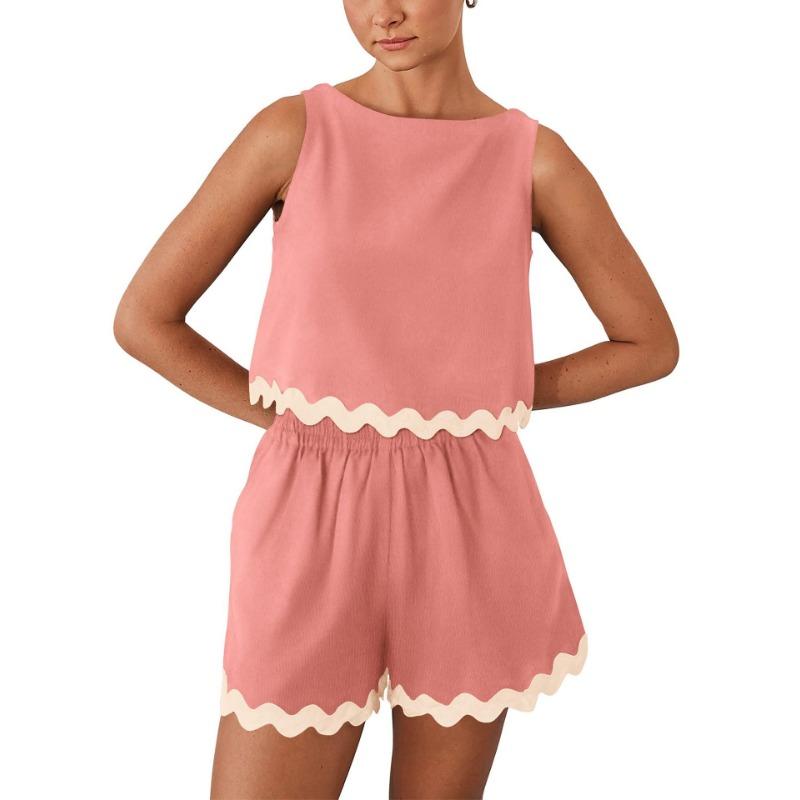 

Женский летний двухкомпонентный льняной жилет с кружевной кромкой и круглым вырезом, топ и шорты XL розовый