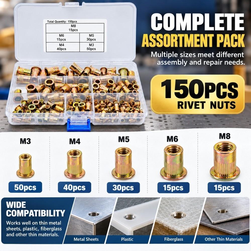 150PCS Gold Rivet Nuts Assortment Steel Threaded Rivnuts Knurled Nuts Set Industrial Applications
