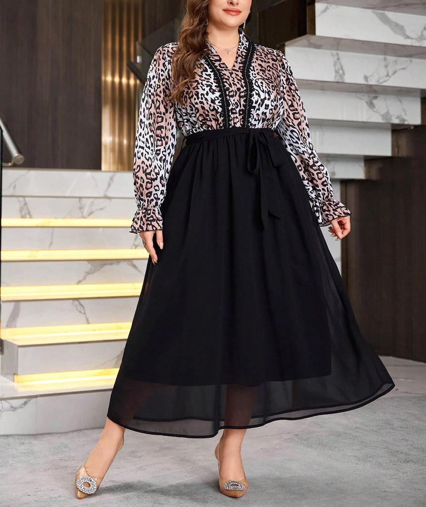 Autumn Leopard Print Plus Size Women's Dress - Retro, Flattering & Fashionable Design
