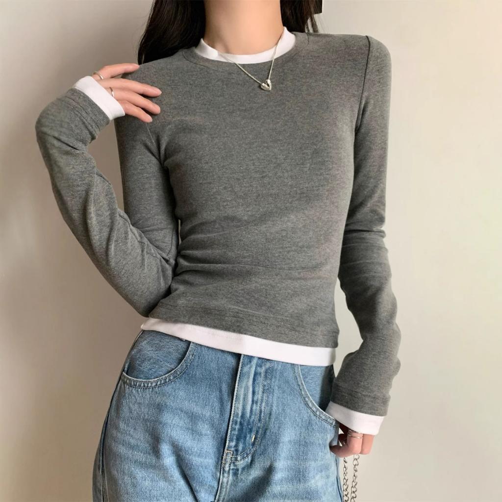 Design Sense Tricouri cu mânecă lungă slim fit două piese false pentru femei, toamnă gât rotund pulover versatil