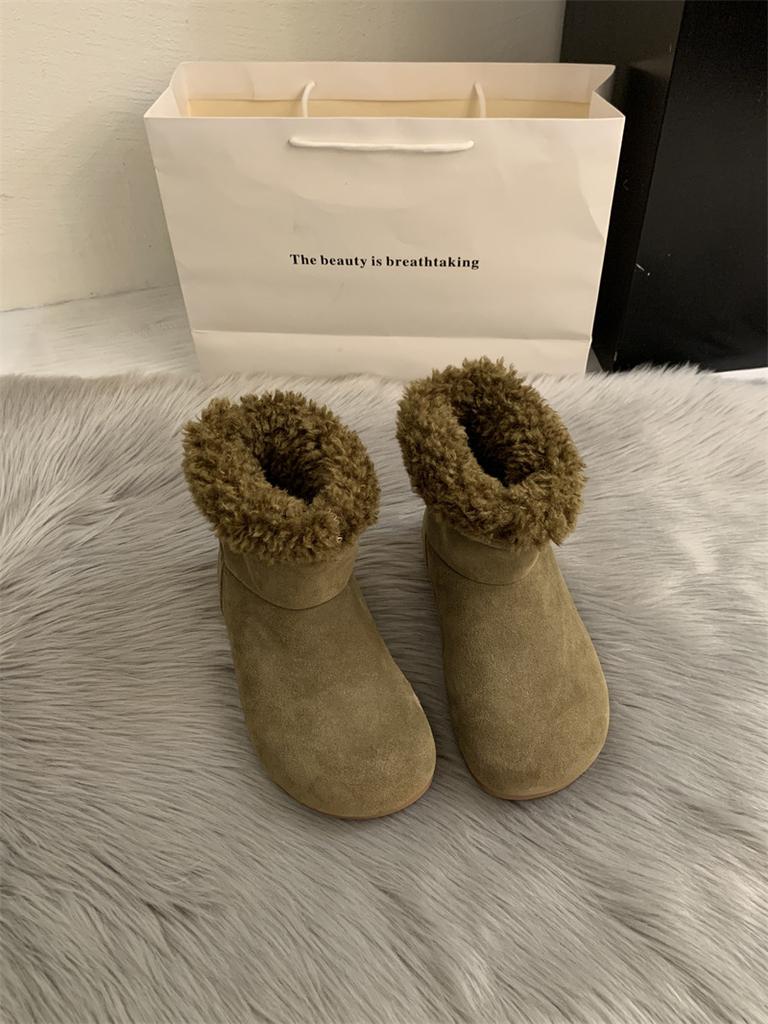 Cowhide version~ big head ugly cute velvet snow boots flat-bottomed fluffy boots women's Birkenstocks thermal cotton shoes retro short boots