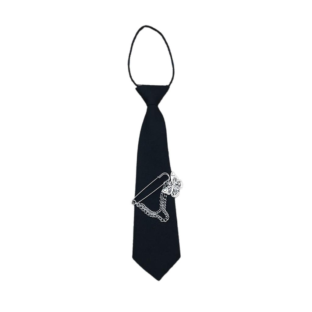 Japanese Gothic Black Neck Tie with Metal Chain Tassel School Student Pre-Tied Adjustable Necktie for Uniforms
