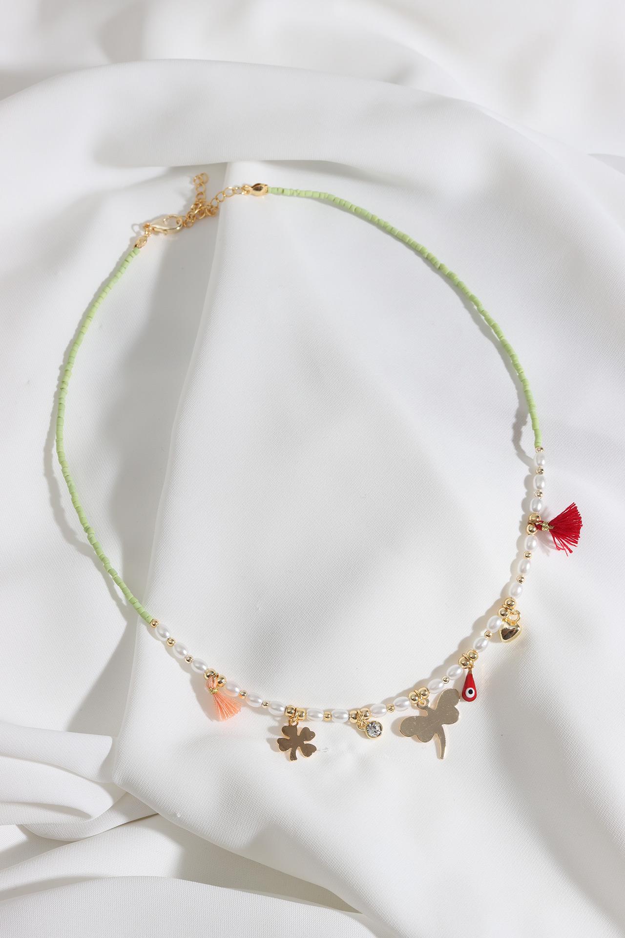 

Ожерелье из зеленого бисера с подвеской Стрекоза