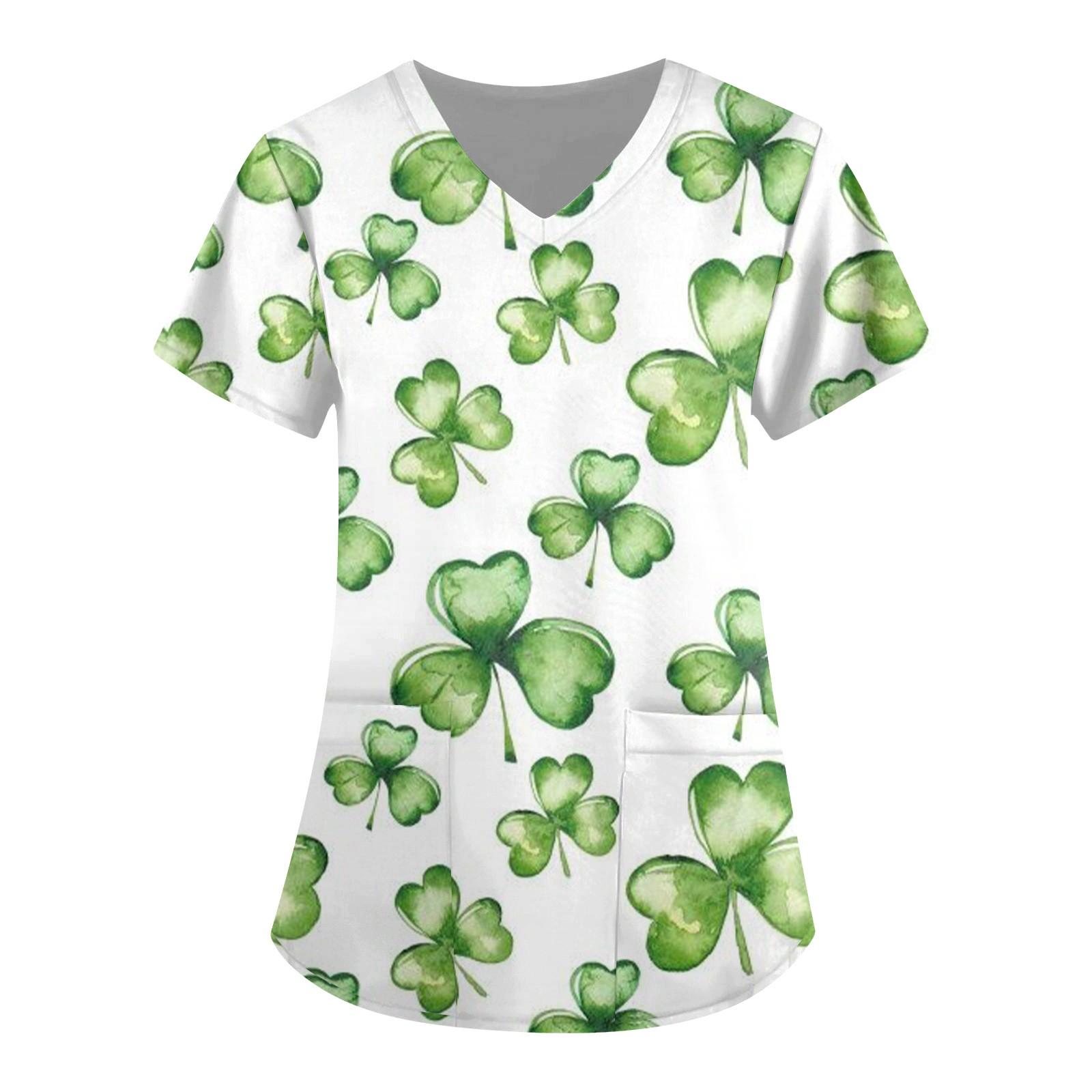 

Женские топы с короткими рукавами и v-образным вырезом с принтом четырех листьев на День святого Валентина, рабочая блузка с карманами XL белый