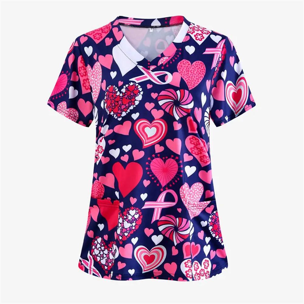 Women's T-shirt V-neck Nurse Uniform Casual Short Sleeved Women's Printed Heart T-shirt