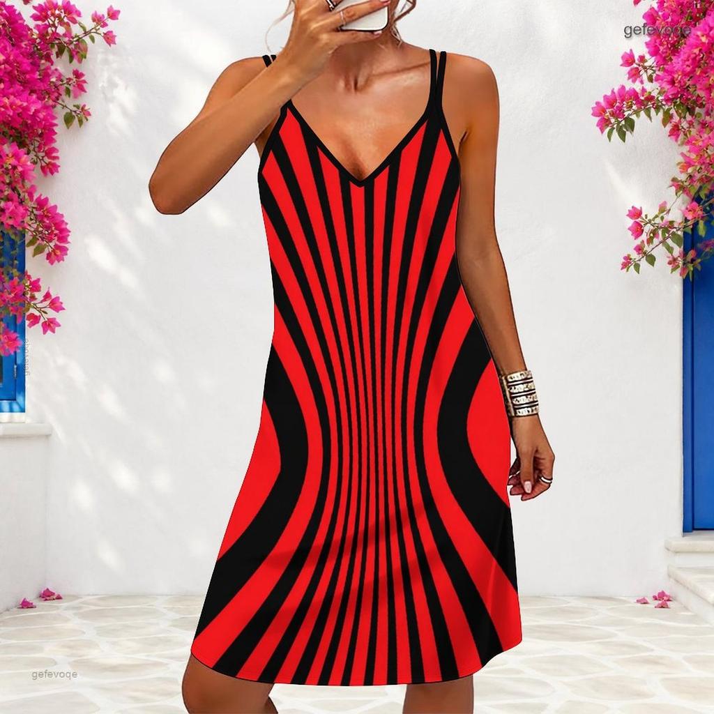 Women Plus Size V Neck Double Straps Sleeveless Printed Black Mini Dress