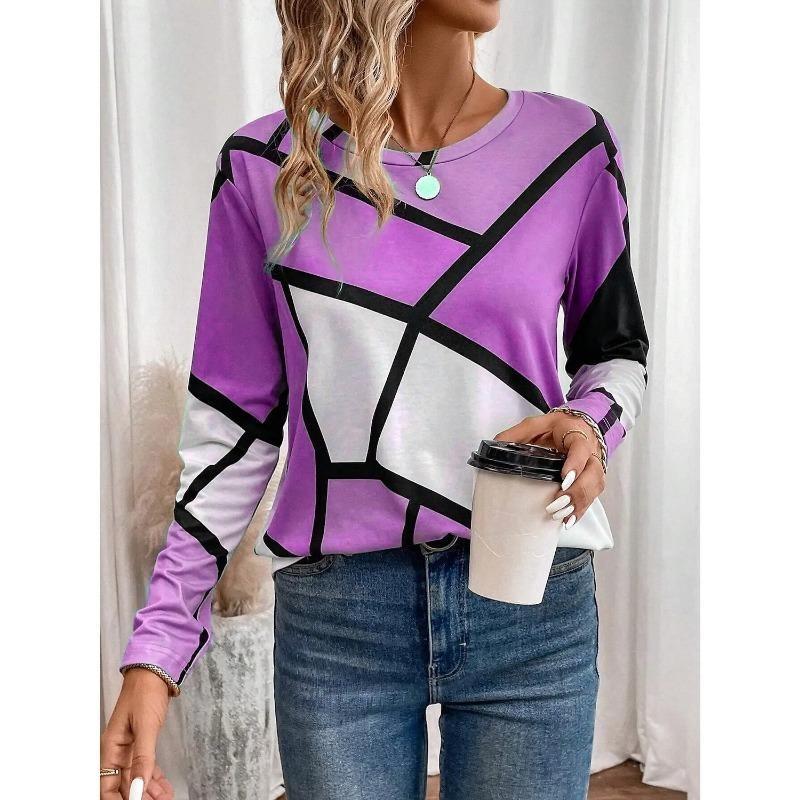 Modă de Primăvară și Toamnă Tricou Damă Tee Color Block Imprimeu 3D Hanorac Zilnic Casual cu Mânecă Lungă Tricou Gât Rotund Articole Sport