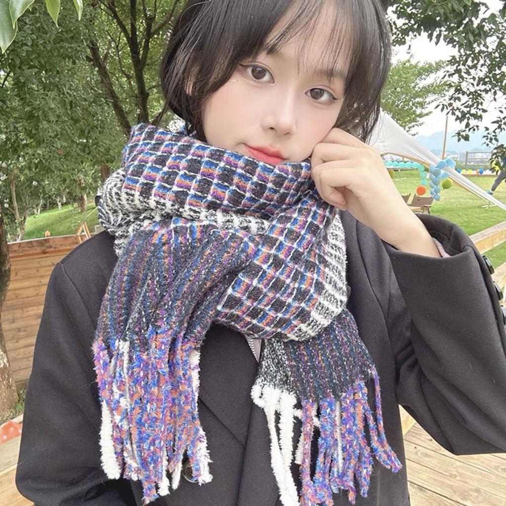 New Plaid Small Fragrant Style Scarf for Women Korean Version Versatile Purple Warm Autumn and Winter Ins Couple Scarf for Men