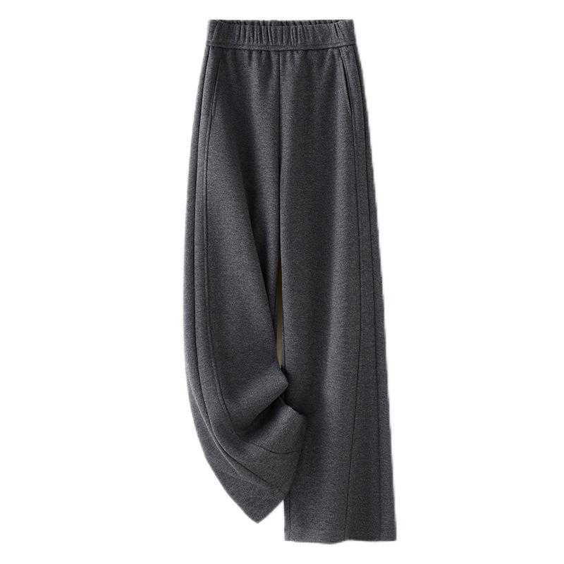 Women's Fleece-Lined Grey Cashmere Wide-Leg Pants: Autumn/Winter 2024 Trendy Wool Blend Style.