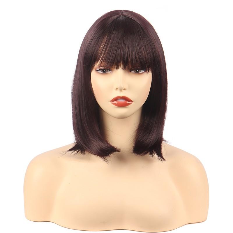 Short Bob Wig Women Shoulder-Length Straight Hair Bangs High-Temperature Fiber 14 Inch