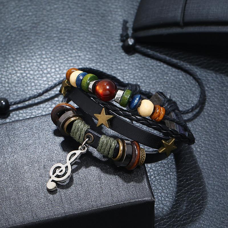 New Fashion Alloy Leather Braided Bracelet Male and Female Temperament Everything Beaded Leather Music Symbol Pendant Hand