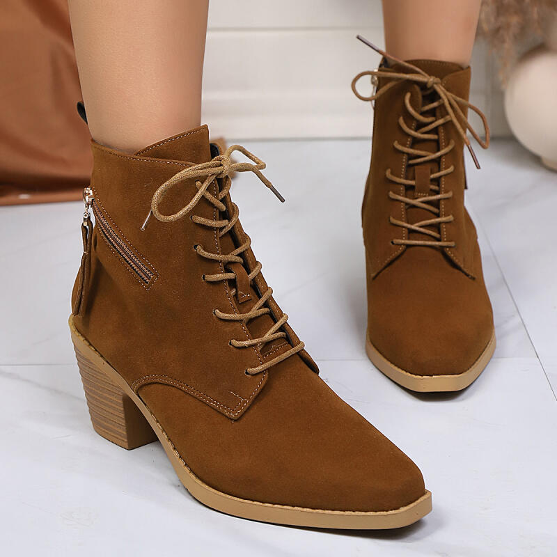 Designer Side Zip Lace Up Suede Ankle Boots Women Winter Vintage Thick High Heel Western Cowboy Boots Woman's Short Booties