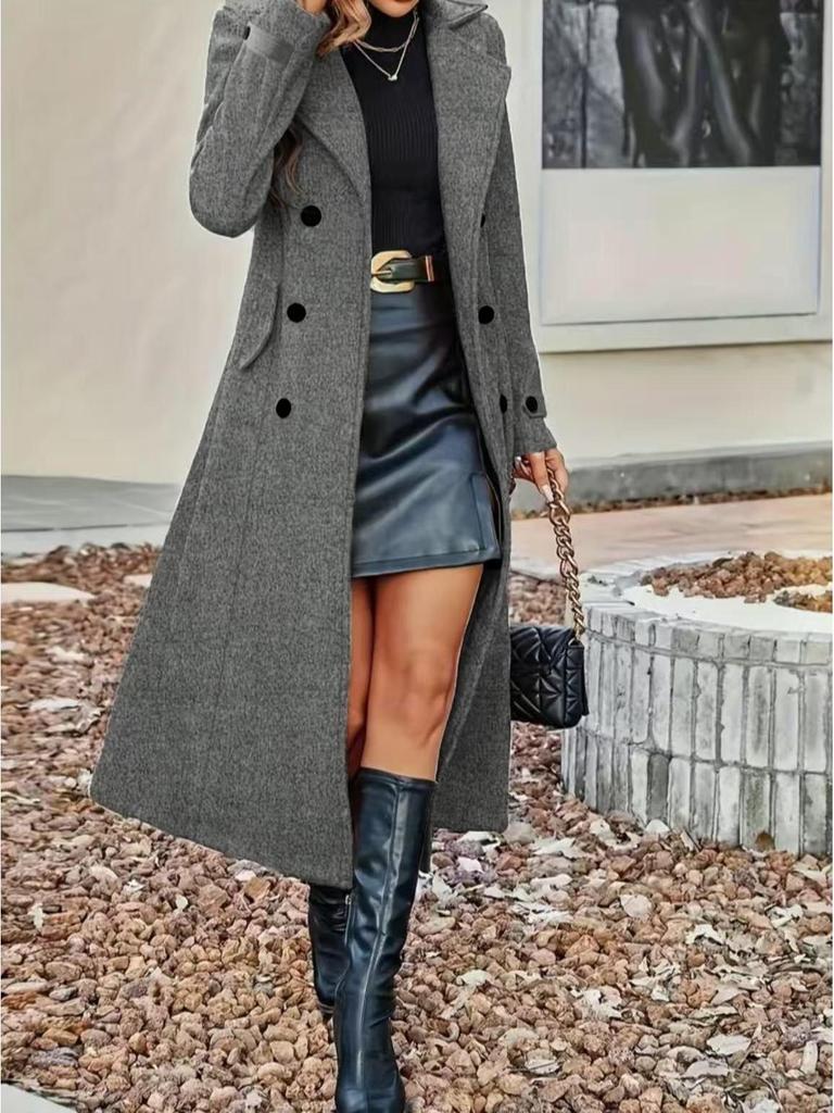 European-American Slimming Double-Breasted Mid-Length Wool Coat with Cinched Waist and Lapel 2025
