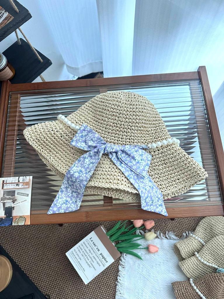 Pearl straw hat summer travel sunscreen sunshade bucket hat new straw seaside vacation net red hat