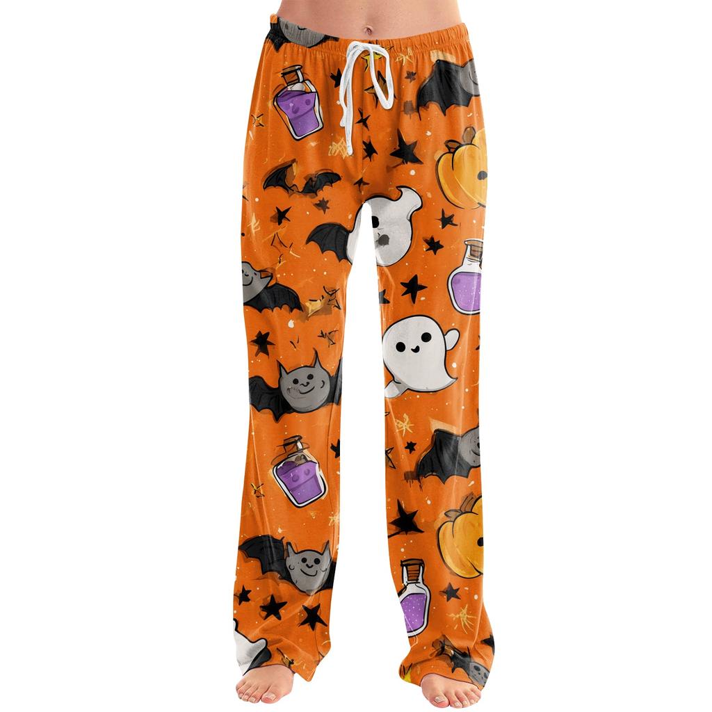 Damen Loungehose mit Kordelzug und Halloween-Print, lässig, volle Länge, entspannte Passform, Schlafanzughose für den Alltag