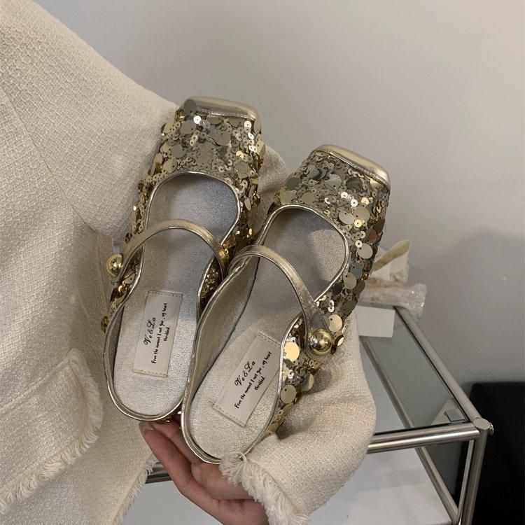 

Silver sequin toe wrap half slippers women wear gentle temperament in summer, fairy style evening soft flat mule cool slippers 40