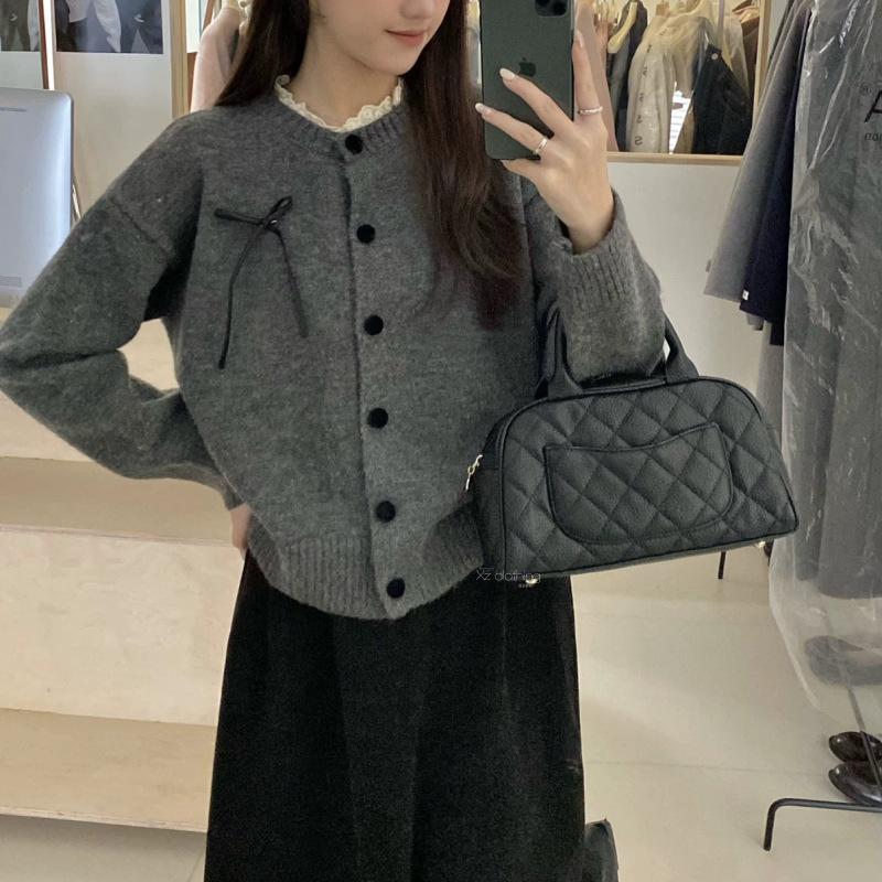 Korean Lace Round Neck Knit Cardigan with Bow - Women's Early Autumn Top