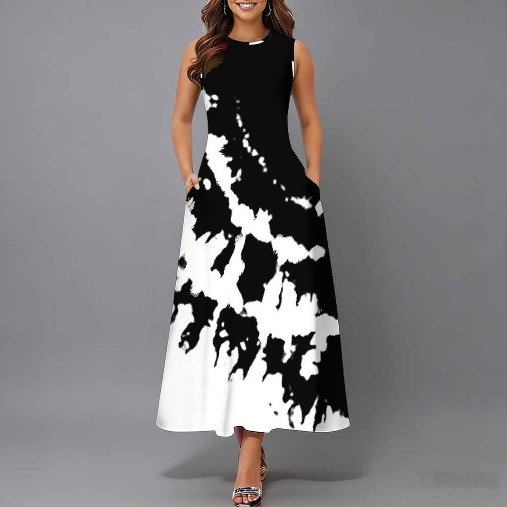 Ladies Oversized Sleeveless Round Neck Dress Vibrant Large Bouquet Floral Loose Midi Gown