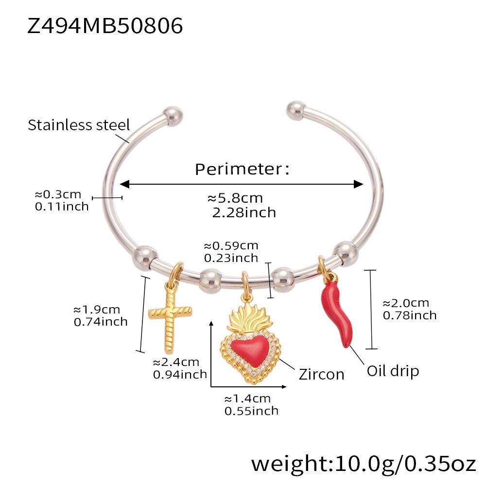 Qiong Yao Geometric Open Cuff & Enamel Heart Bracelet Set - Vacation Style