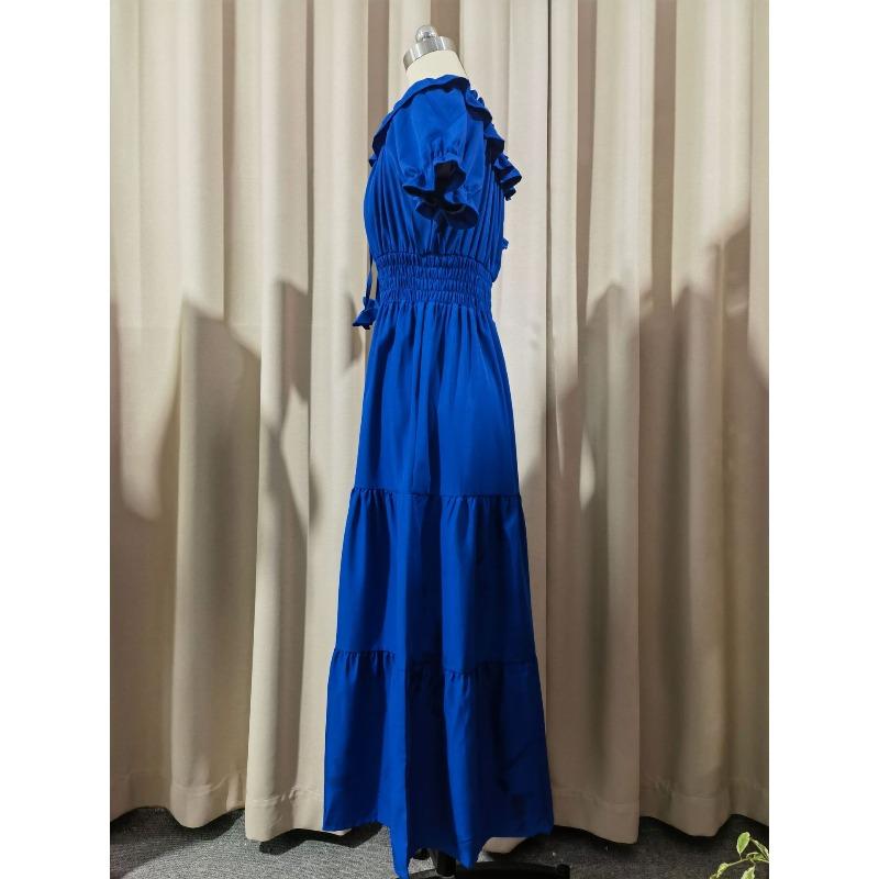 Women's Summer Long Dress New Fashion Solid Color Ruffled Strapless Puff Sleeve Vacation Dress Women Elegant Off Shoulder Sexy A Line Female Dresses