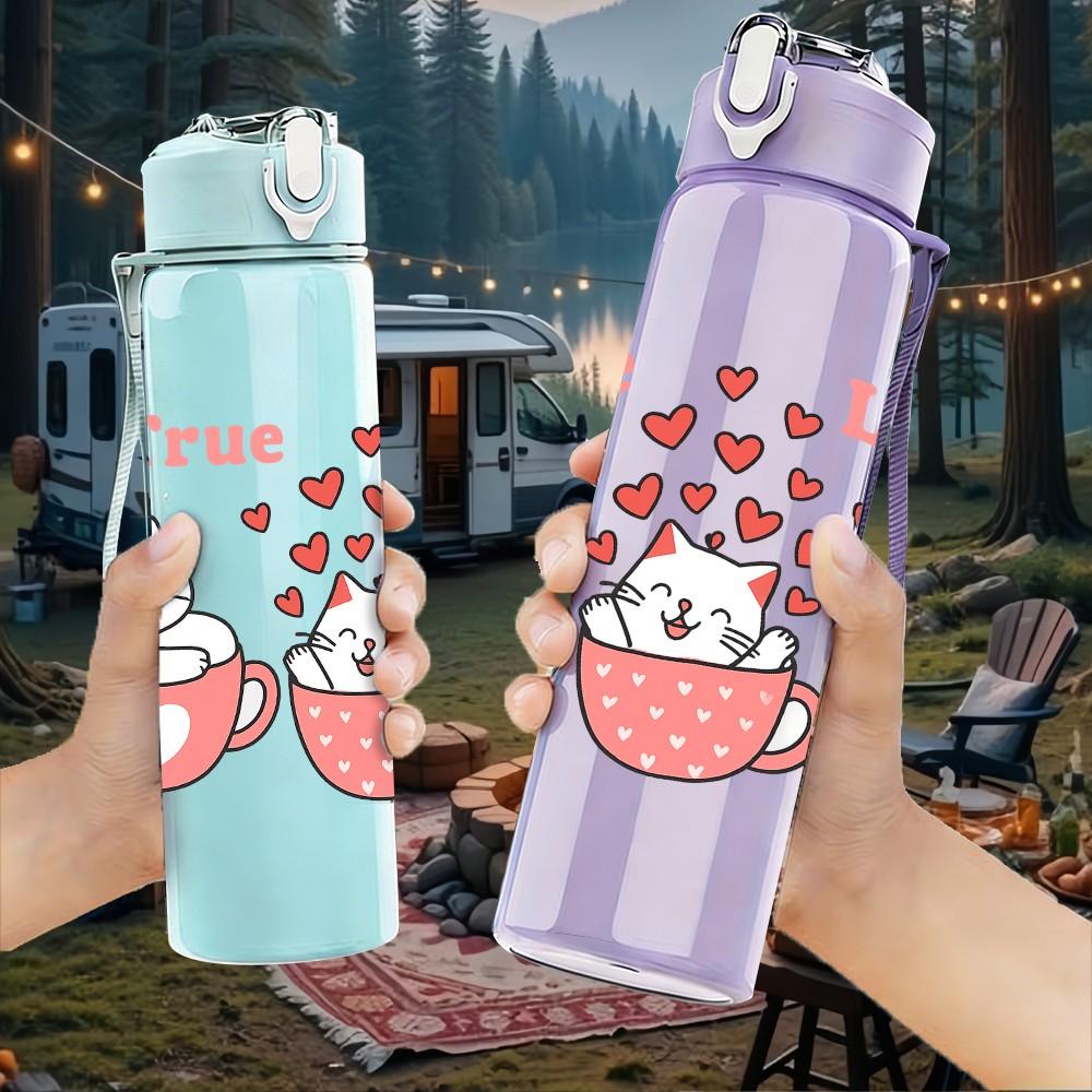 1PC True Love Tea Cups Print 750ml Color Plastic Sports Water Bottle Leakproof Flip Straw Lid Suitable for Sports Office Home Use