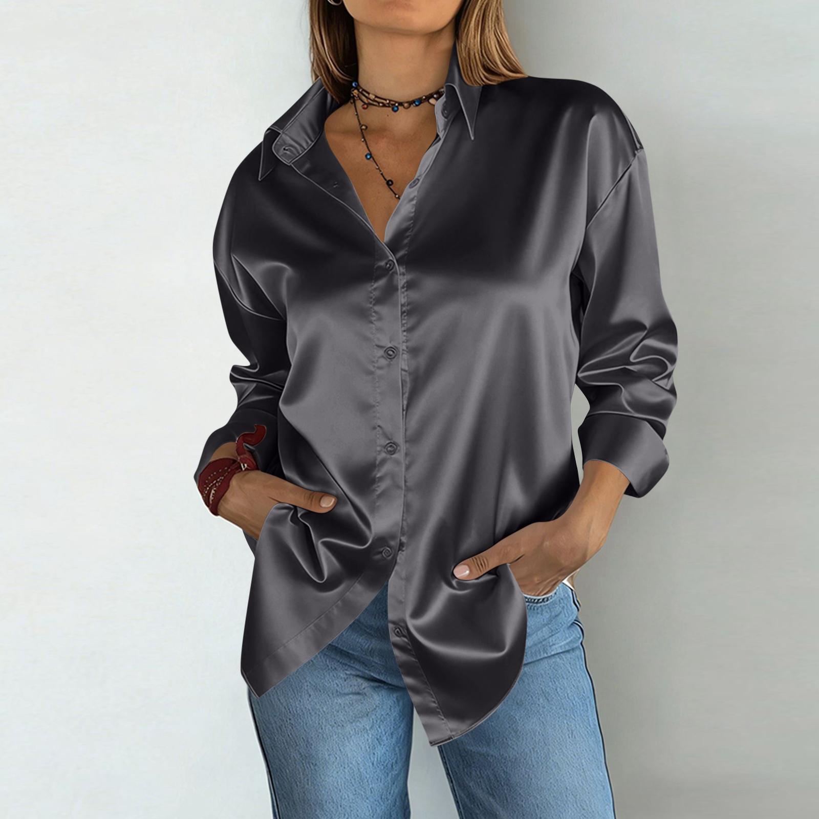 

Women s Fashion Color Button Collar Loose Long Sleeve Versatile Casual Shirt Top L