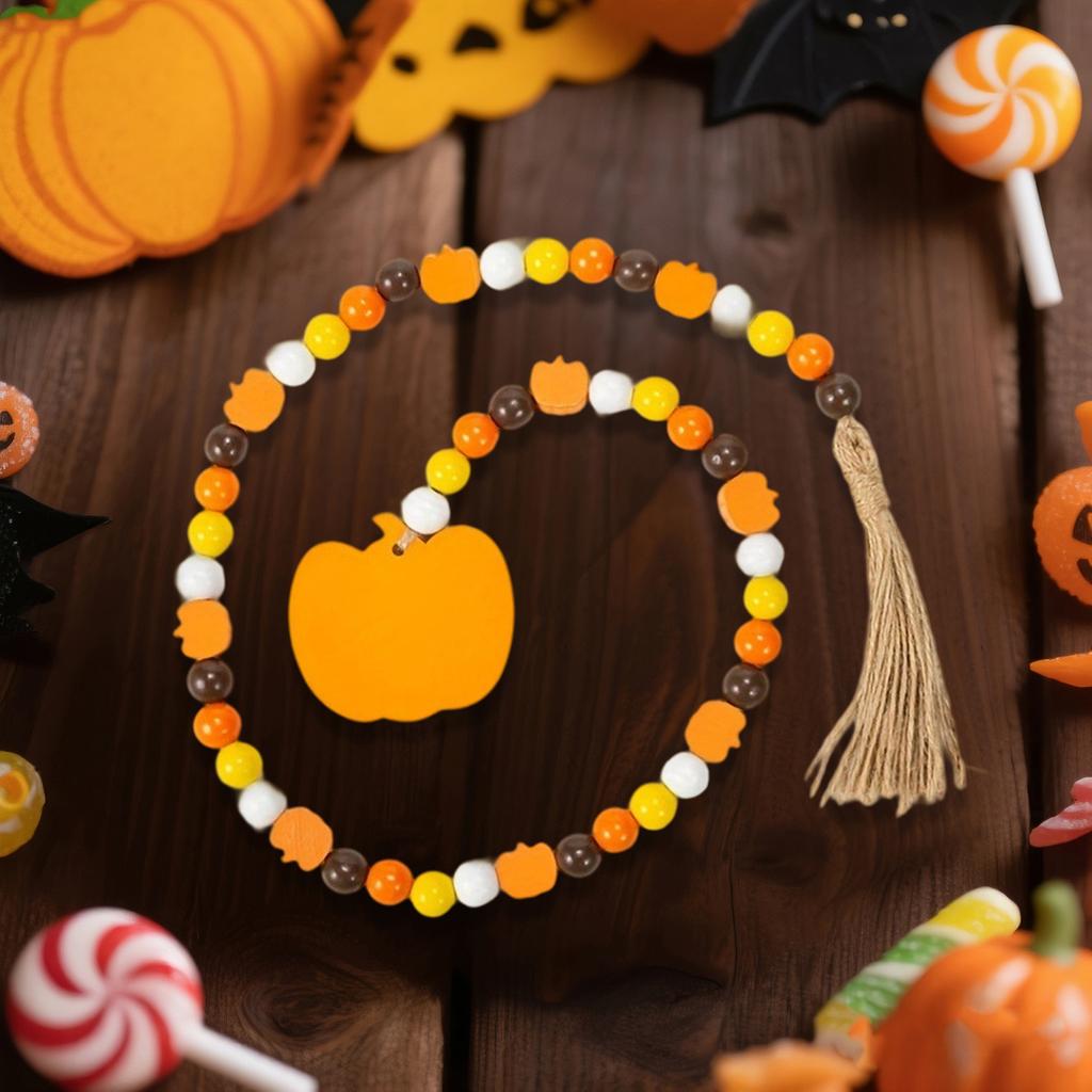 Rustic Wooden Bead Garland with Acorn Tassel and Pinecone Tag Autumn Tiered Tray Decor Hanging Ornaments for Fall Harvest Theme