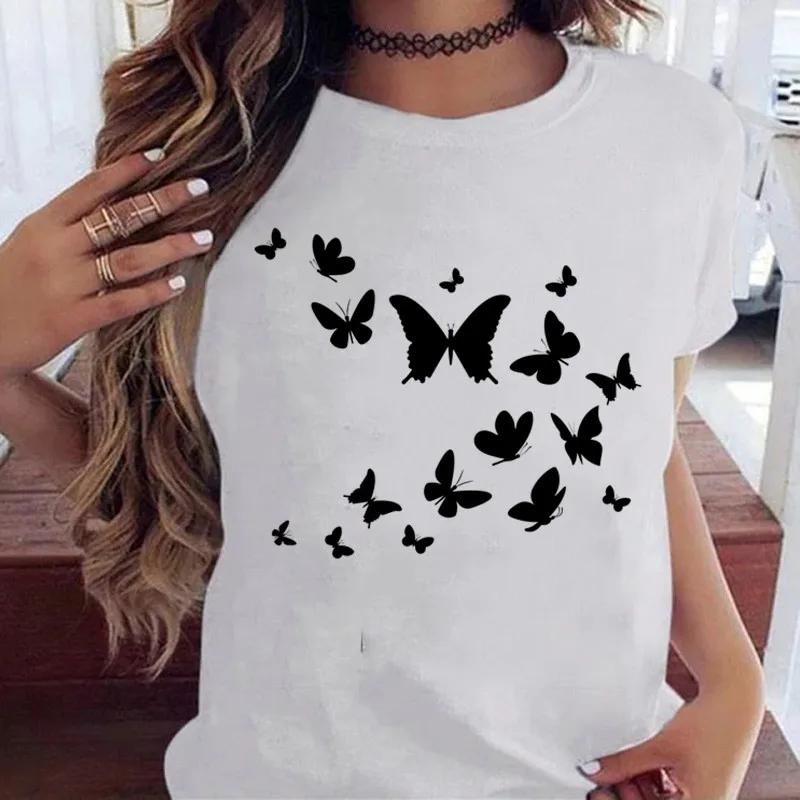 Woman Butterfly Tree Print Harajuku Summer Tshirts Casual Round Neck Short Slee Top Tee Shirt Women Black T-shirt Drop Ship