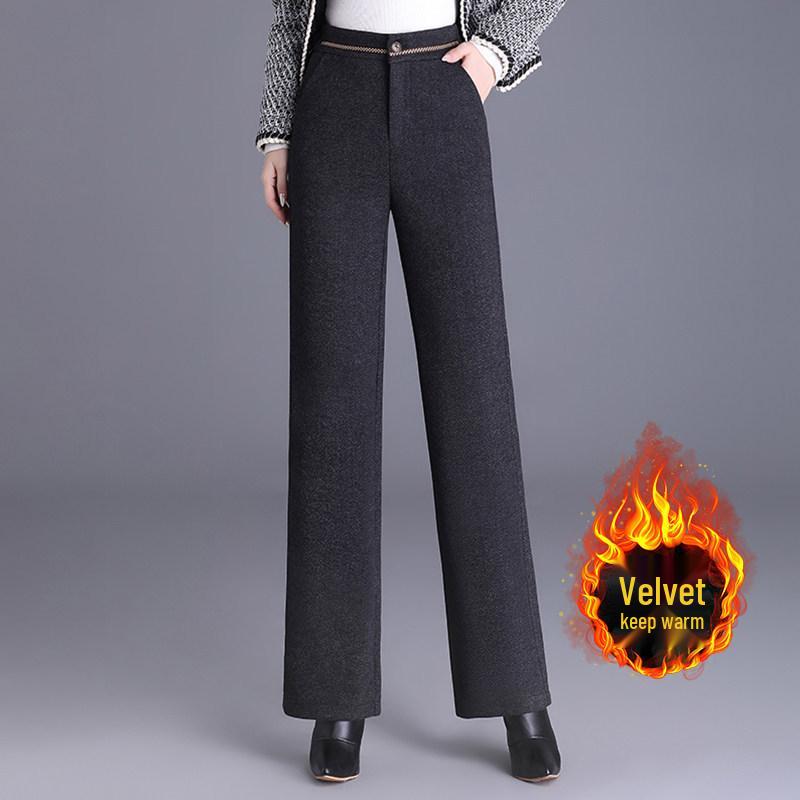 Women's Woolen High-Waisted Wide-Leg Pants - Versatile Spring/Autumn Style, Thickened with Elastic Back, Straight-Leg Trousers