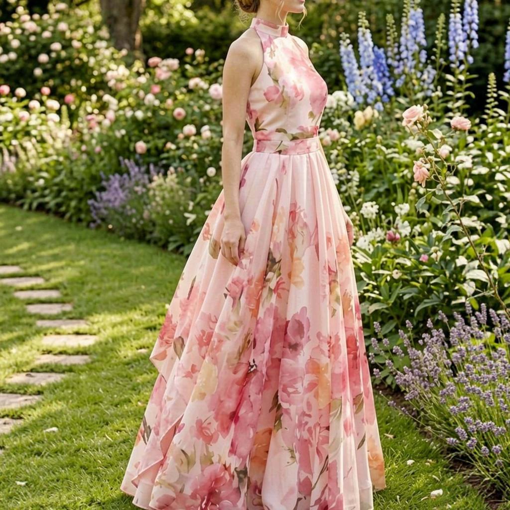 Europa, Amerika, Amazon 3D-Digitaldruck, Aquarellblumen-Druck Hals-Taille Pendel Langes Kleid