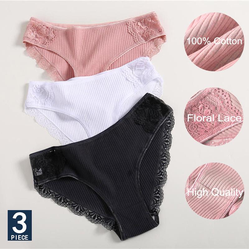 3PCS/Set Cotton Underwear Women's Panties Comfort Underpants Floral Lace Briefs For Woman Sexy Low-Rise Pantys Intimates M L XL