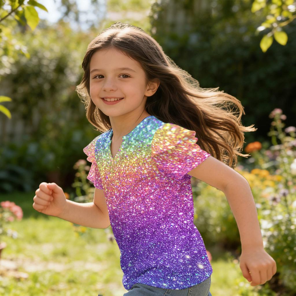 Girls V Neck Short Sleeve T Shirt Casual Top with Ruffle Sleeve and Sequin Print Lightweight Summer Blouse for Kids