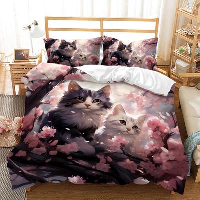Katze und Blumen Bettbezug Queen King Size Leichte Steppdeckenhülle Mit 2 Kissenbezügen Frühling Tier-Thema Bettwäsche-Set Ohne Bettdecke