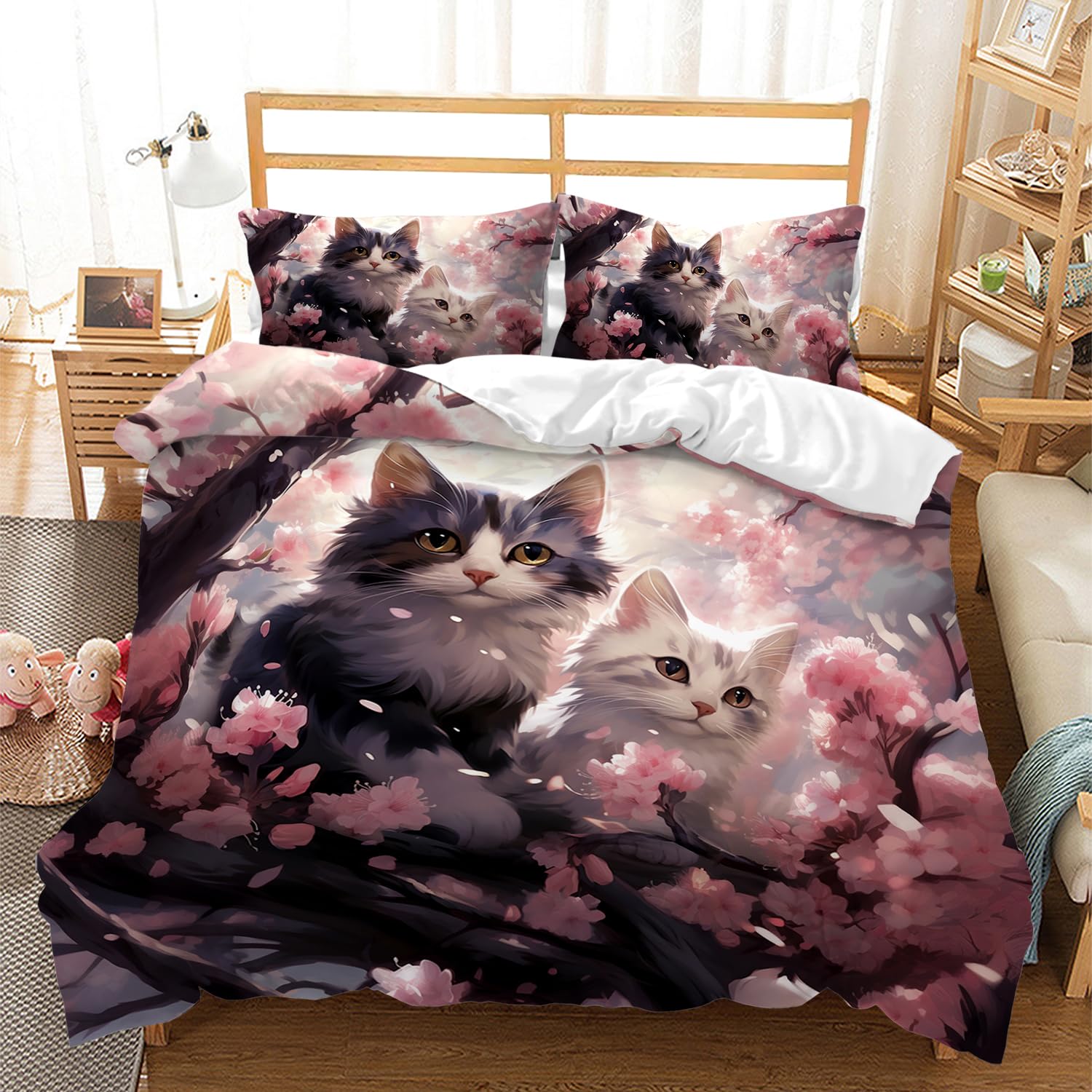 

Cat and Flowers Duvet Cover Queen King Size Lightweight Quilt Cover with 2 Pillowcases Spring Animal Themed Bedding Set No Quilt (135x200cm)