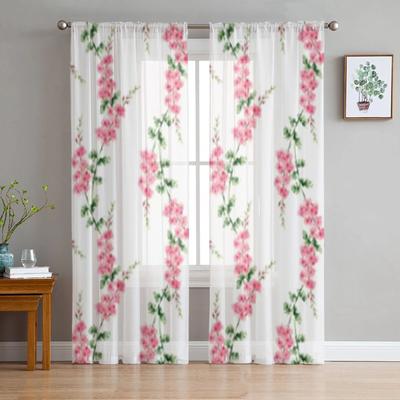 Pink Flowers On A White Background Tulle Window Curtain For Living Room Bedroom Voile Sheer Curtains Kitchen Treatments Drapes