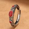 Ethnic Style Jade Red Ring for Lady Engagement Accessories Vintage Hollow Lines Flower Ring Women Jewelry Adjustable