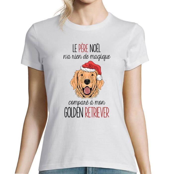 T-shirt Femme - Golden Retriever - Père Noël - Col rond - Manches courtes - Blanc
