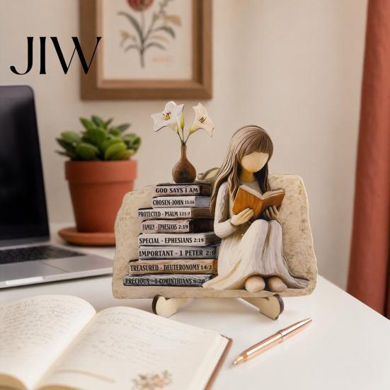Stable Base Wooden Craft Reading Girl Figurine, Pastoral Style Statue Desktop Hand Painted Home Accessory Decor, Artistic Healing Ornament,