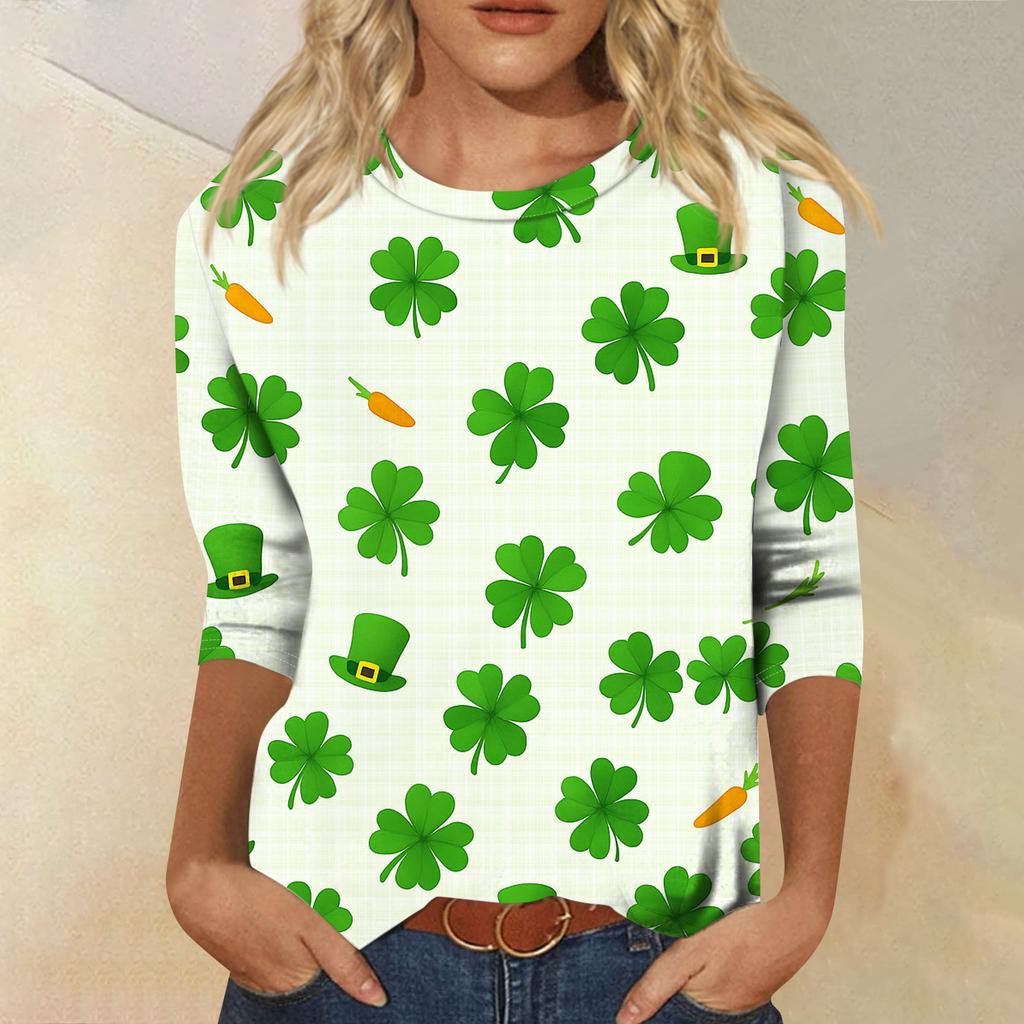 Damen Modisches Lässiges Dreiviertelarm Bedrucktes Rundhals-Top